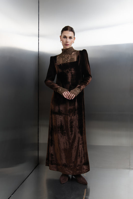 Brown High neck lace and velvet kaftan