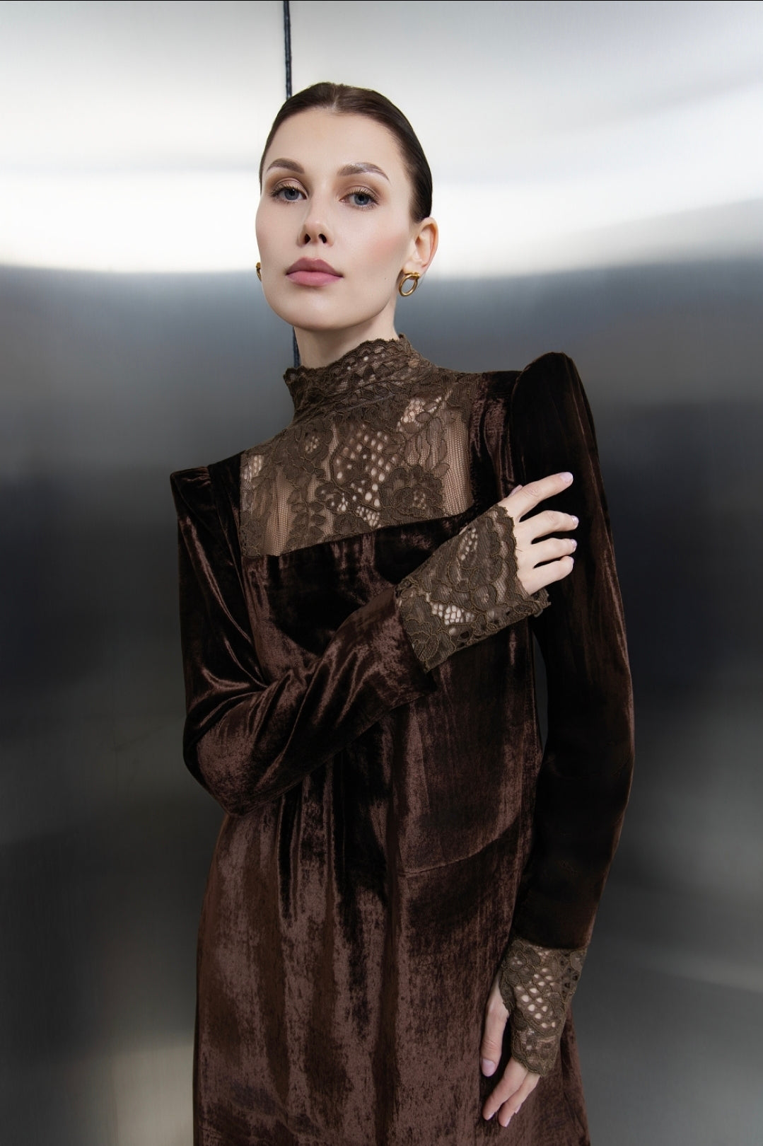 Brown High neck lace and velvet kaftan