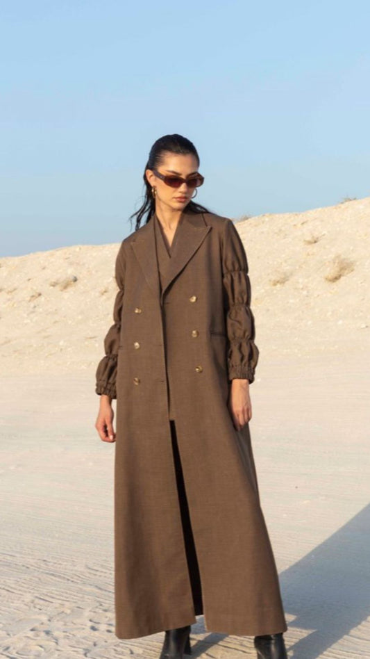 Gathered Sleeve Blazer - Tailored Long Blazer in Crepe : Front view