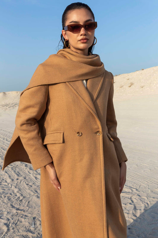 Camel Wool Blazer with Scarf : Front view