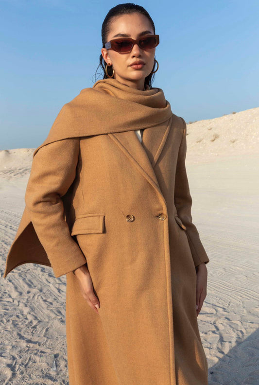 Tan Wool Long Coat with Scarf : Front view