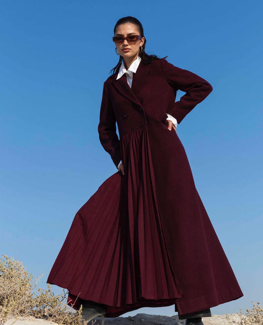Maroon Plisse Wool Blazer for Women : Front view
