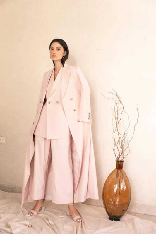 Baby Pink Crepe Long Jacket : Front view
