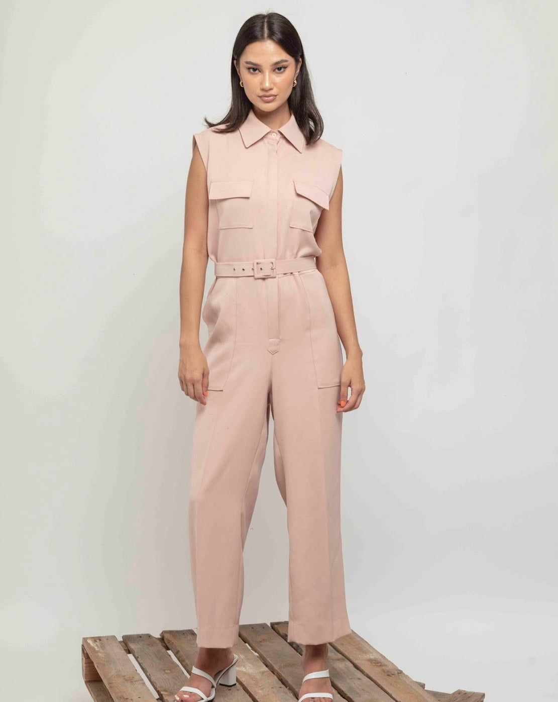 Peach Jumpsuit | Crepe Jumpsuit Dress for Women : Front view