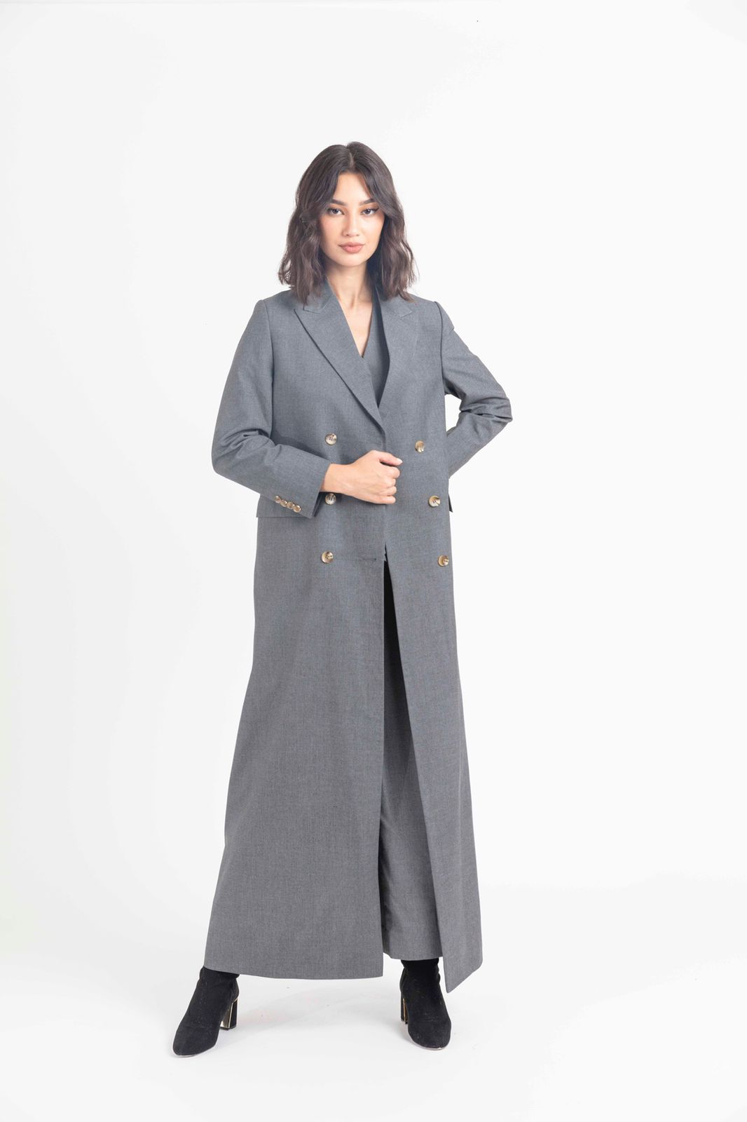 Gray Long Crepe Jacket | Formal Jacket for Women : Front view